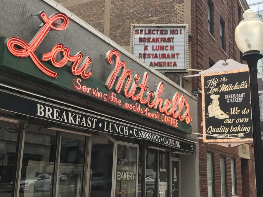 Lou Mitchell's Neon Sign Shines Red On the Front of the Building.